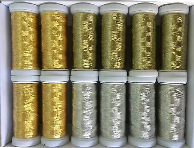 12 Metallic Embroidery Threads 4 Gold 4 Light Gold 4 Silver 200 Meters Each   • £7.99