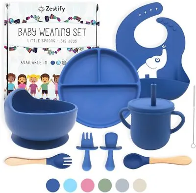 10pc BABY FEEDING SET - SILICON SUCTION BOWL PLATE BIB CUP SPOON FORK WEANING • £15.92