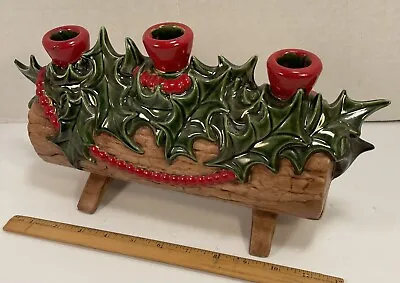 Vintage Atlantic Mold Christmas Yule Log Candle Holder Holly Berries Ceramic  • $29.95