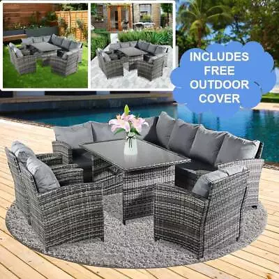 Rattan Garden Furniture 8-10 Seater Corner Sofa Chairs Dining Table Outdoor Set • £599.99