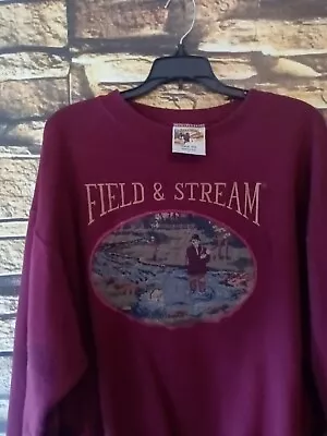 Vtg Field & Stream Sweatshirt Embroidered Tapestry Fishing USA Maroon L Crewneck • $45