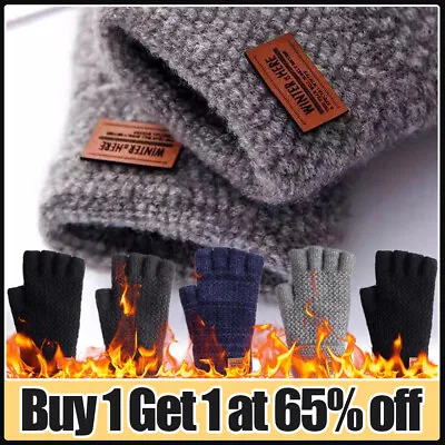 Thermal Fingerless Gloves Mens Womens Knitted Warm Winter Half Finger Mittens UK • £4.08