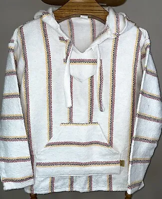 Baja Hoodie Molina Mexican Poncho Small Pullover Drug Rug Ivory Red Black Stripe • $11.19