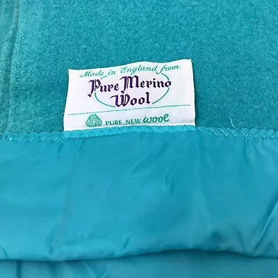 Vintage Pure Merino Wool Blanket 68 X94  Blue Turquoise Satin Trim Made England • £29.99
