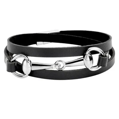 Horse & Western Jewellery Jewelry  Leather Snaffle Bit Bracelet Black Silver • £12.52