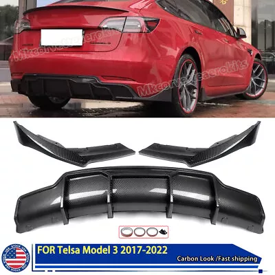 Black Carbon Rear Bumper Diffuser W/ Extensions For 17-23 Tesla Model 3 V Style • $165.96