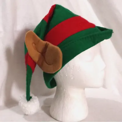 Christmas Elf Hat Red Green Striped Hat With Ears & White Pompom OSFA • $5.99