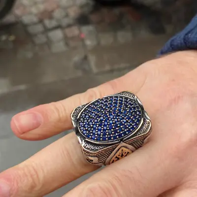 Silver Large Ring  Sapphire Stone Ring  Turkish Handmade Ottoman Style Ring • $155