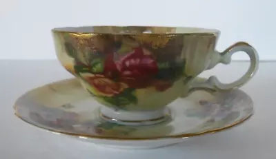 Vintage UCAGCO China Large Red Cabbage Roses On Teacup & Saucer With Gold Trim • $15