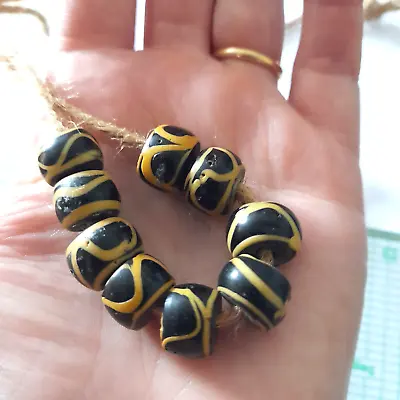 African Venetian Trade Beads Rattlesnake Talisman Black Yellow Glass Rare X9 • £18