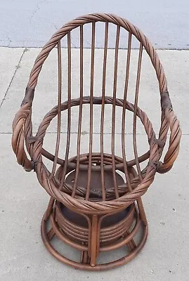 Retro 1960s Twisted Bamboo Rattan Wood Papasan Swivel Chair Rare Vintage • $400