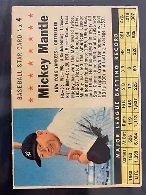 1961 Post Cereal #4 Mickey Mantle Baseball Card Hand Cut • $200