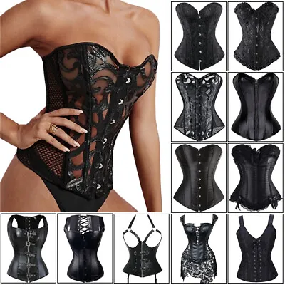 Women Black Overbust Boned Corsets Burlesque Basque Lace-Up Shaper Top Plus Size • £22.99