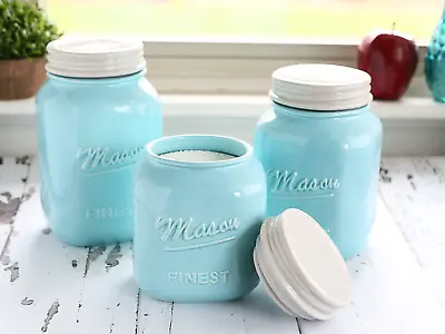 Mason Jar Kitchen Canister Set - Set Of 3 Kitchen Canisters - Large Round Ceram • $55.99