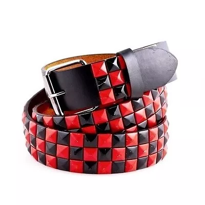 Mens Womens 3-Row Metal Pyramid Studded Leather Belt  Checker Punk Rock Goth Emo • $9.95