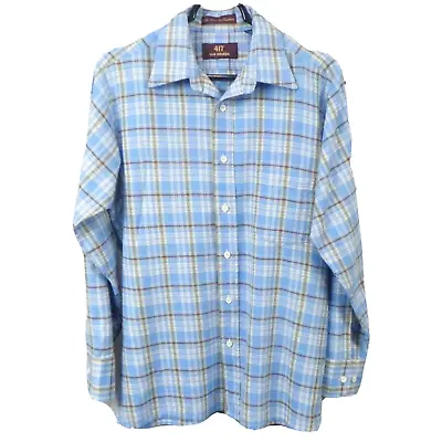 417 Van Heusen Men Medium Shirt Blue Plaid Flannel Long Sleeve Button Up Cotton • $11.88