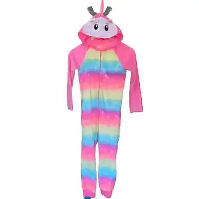 Soft Velour Fleece Rainbow Unicorn Hooded Zip Up One Piece Pajamas S 7/8 • £11.26