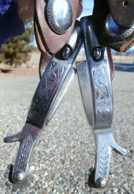 Vintage Etched Band Crockett Renalde Horse Spurs With Leather Straps • $175