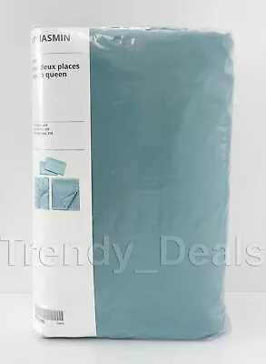 Ikea NATTJASMIN Bed Set Queen (Flat Fitted Sheet 2 Pillowcases) Gray-Turquoise • $84.99