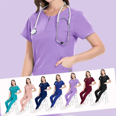 Stretch Jogger Nurse Uniform Scrub Set Women V-Neck Top Cargo Pant Medical Salon • $19.49