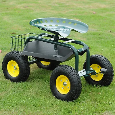 Garden Cart Rolling Swivel Work Seat Outdoor Gardening Planting Stool Tool Tray • $100.99