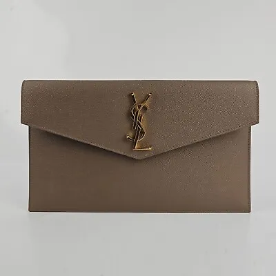 Saint Laurent Medium Uptown Monogram Taupe Leather Clutch Bag New • $1024.09
