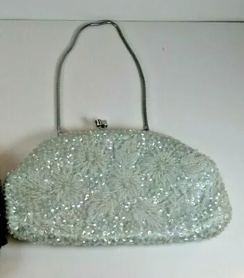 Hand Made In British Hong Kong Vintage White Beaded Sequined Purse/Clutch  • $34.78