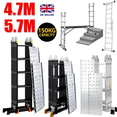 Folding Ladder Aluminium 4.7M/5.7M Ladder Multi Purpose Extendable W/Platform UK • £121.97