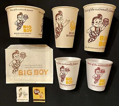 Vintage Lot Of 8 Bob’s Big Boy Restaurant Cups Burger Wrapper And Matches • $25