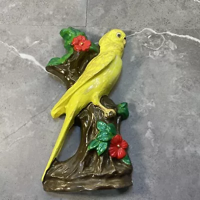 Vintage Chalkware Yellow Bird Parakeet Sitting On Flowers Branch Wall Hanger  • $12.50