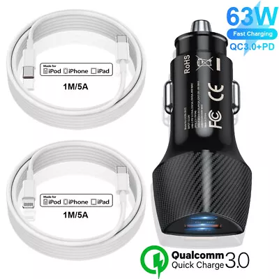 USB C Car Charger Fast Adapter 63W For IPhone 14/13/12 IPad Pro Samsung+Cables • $15.98