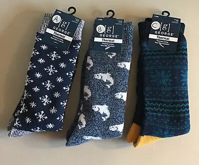 George Thermal Lining Slipper Socks 1 Pr Non-Slip Mens 6-12 Snowflake Fish Blue • $9.29