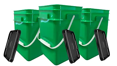 4 Gallon Square  Food Grade Bucket Pail GREEN Plastic Handles And Lids Pack Of 3 • $39.77