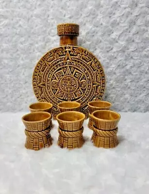 Vintage Ceramic Aztec Round Decanter Bottle Mayan Tequila Bar Set • $45.50