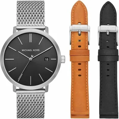 Michael Kors Blake Silver Watch Men's Gift Set Black & Brown Bands MK8736 • $99.95