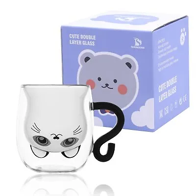 Double Wall Insulated Glass Cat Mug With Handle Cup Tea Coffee  Espresso Milk • $19.99