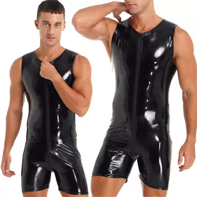 Men's Latex Wetlook Catsuit Wrestling Singlet Leotard Bodysuit Jumpsuit Clubwear • £11.75