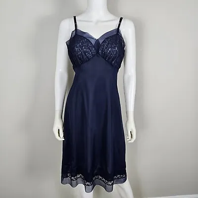 Vtg 1950's Van Raalte Opaquelon Nylon Slip Size 34 Navy Blue Lace *Altered LOOK* • $15