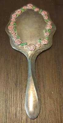 Vintage Godinger Silver Plated  Vanity Hand Mirror With Painted Pink Flowers • $20.45