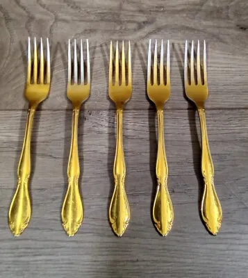 Vtg 5 Oneida  Gold Color Stainless Steel Dinner Forks 7 1/4  Retired Pattern  • $24.99