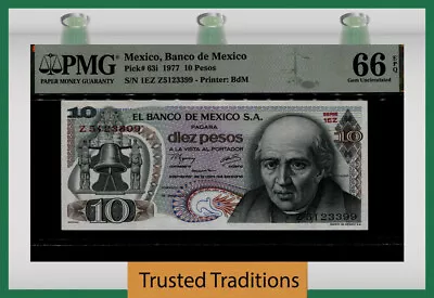 TT PK 63i 1977 MEXICO BANCO De MEXICO 10 PESOS PMG 66 EPQ GEM UNCIRCULATED • $12.99