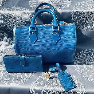 Louis Vuitton Speedy 35 Toledo Blue Epi Leather Bag & Kiss Lock Wallet • $1200