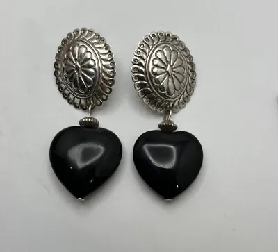 Vintage QT Southwest Sterling Silver 925 Concho Onyx Heart Dangle Earrings • $39.95