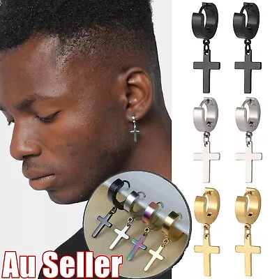 $4.95 • Buy 1Pair Unisex Stainless Steel Cross Pendant Multi-Colour Hoop Piercing Earrings