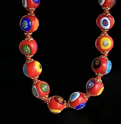 Murano Glass Bead Bracelet 8.25” Millefiori 9mm Knotted Red Multi Vintage 14.43g • $38
