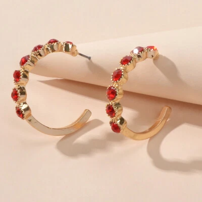 $1.99 • Buy Anniversary Wedding Jewellery Luxurious Red Crystal Hoop C Shape Huggie Earrings