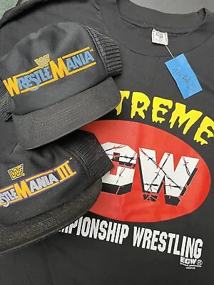 Vintage Wrestle Mania 1 & 3 Hat With DRY ROT ECW T Shirt VTG Wrestling Bundle • $350