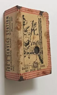 Vintage Match Box Holder Celluloid Tin JOE'S SERVICE STATION WODONGA Damaged • $6.52