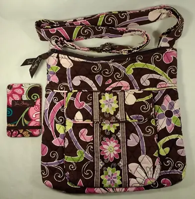 Vera Bradley Purple Punch Floral Brown Purse Crossbody Shoulder Bag + Card Fan • $24.99