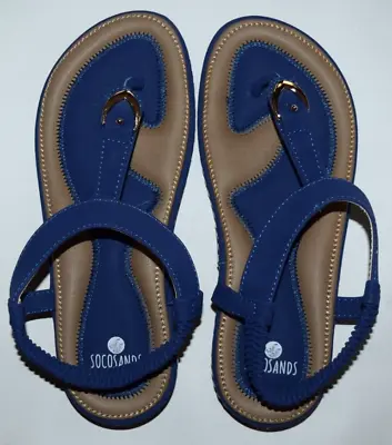 SOCOSANDS Blue & Tan T Strap Thong Toe Slip On Comfort Sandals Womens 36 US 6 • $14.99